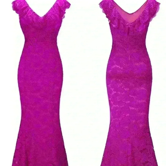 Deep V Neck Lace Sexy Backless Elegant Hollow Out Maxi Long Party Dress - Picture 2 of 3